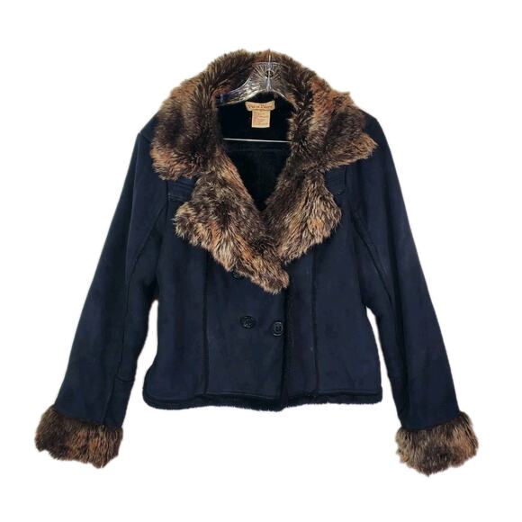 Vtg Y2K Paris Blues Faux Fur Suede Black Penny Lane Jacket Women Sz XL 2 Button - Picture 1 of 12